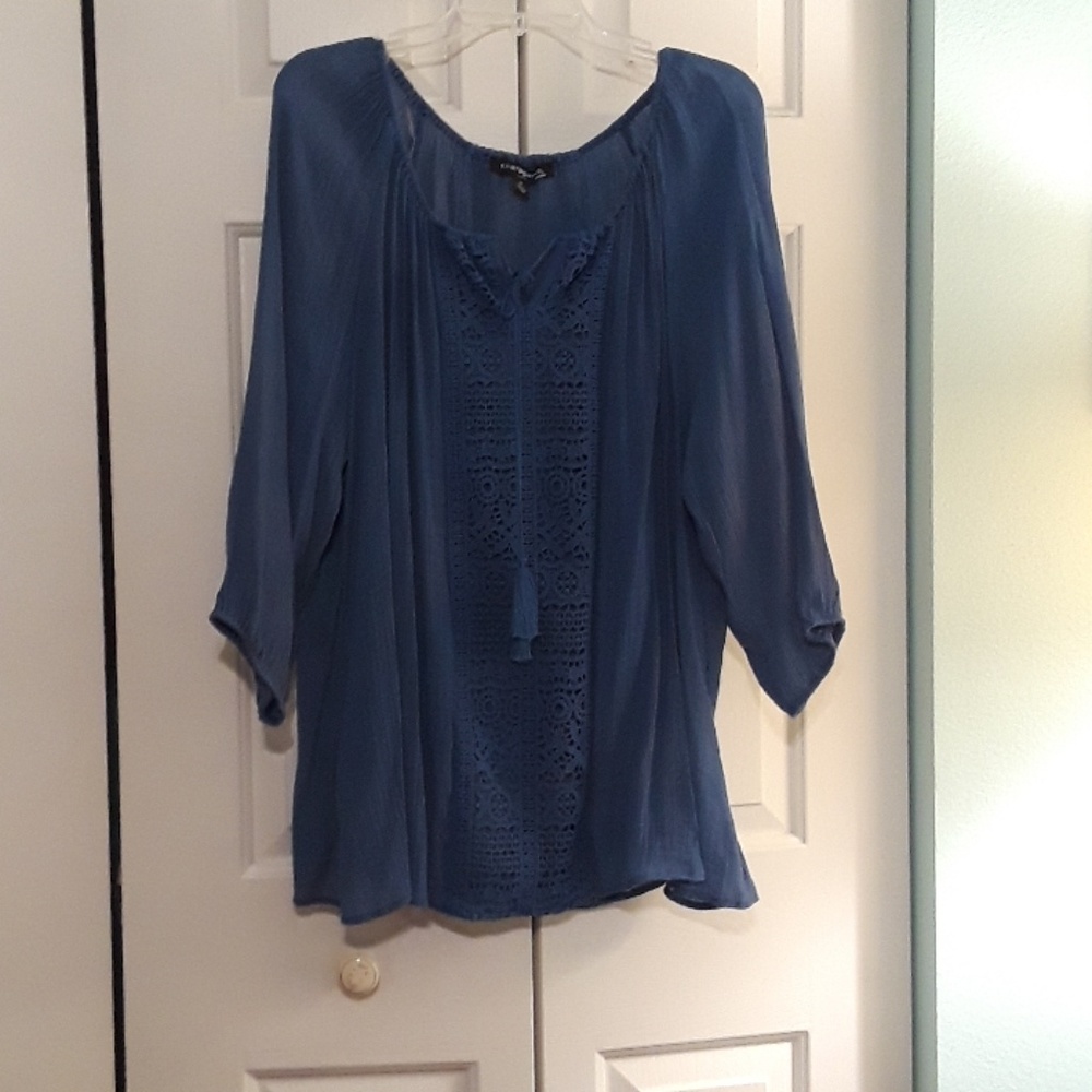 Sharagano long sleeved medium blue peasant top.